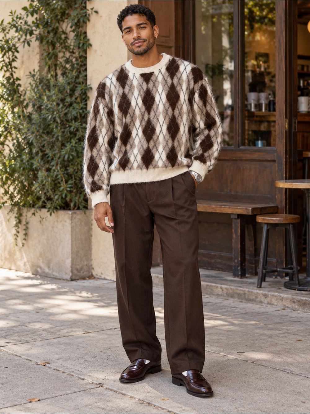 Mens Cozy Ivory and Brown Argyle Mohair Blend Sweater